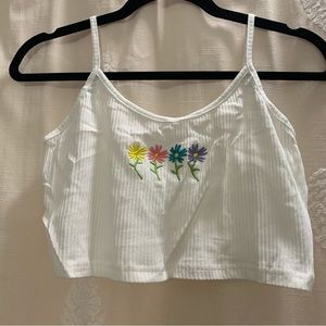 White Rib-Knit Crop Cami Top with Embroidered Flower Design NWOT
